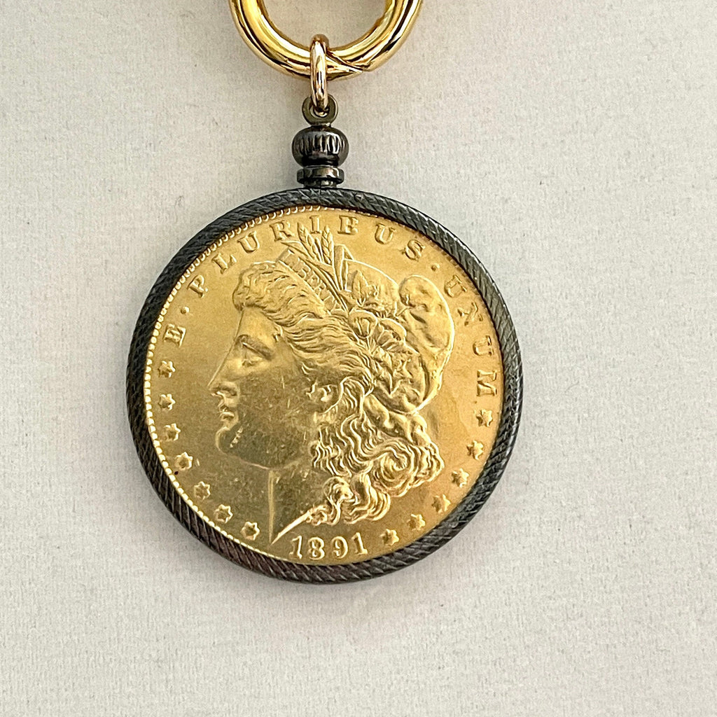 Gold Miami Cuban Chain Necklace: Reproduction Morgan Dollar Coin Pendant
