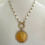 Gold Reproduction French Coin Necklace-Cubic Zirconia and Pearl Bezel