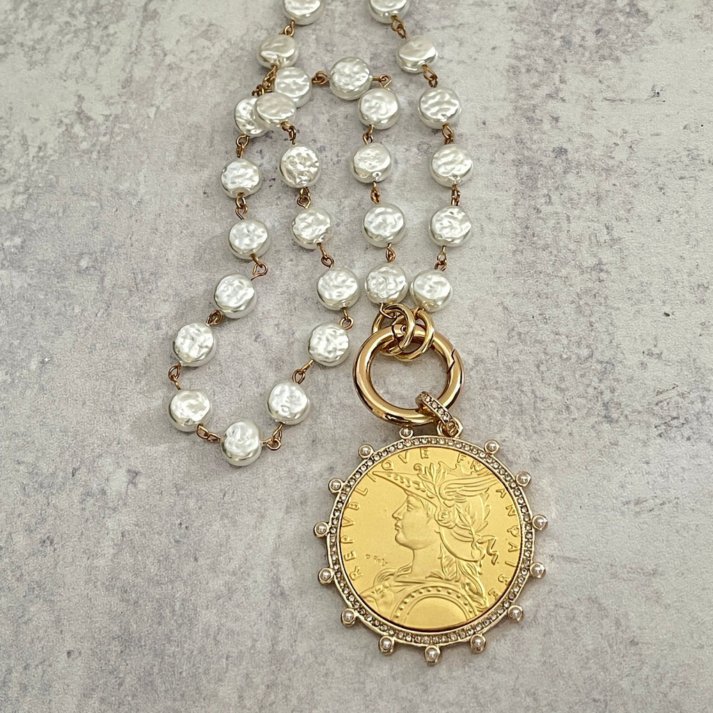 Gold Reproduction French Coin Necklace-Cubic Zirconia and Pearl Bezel