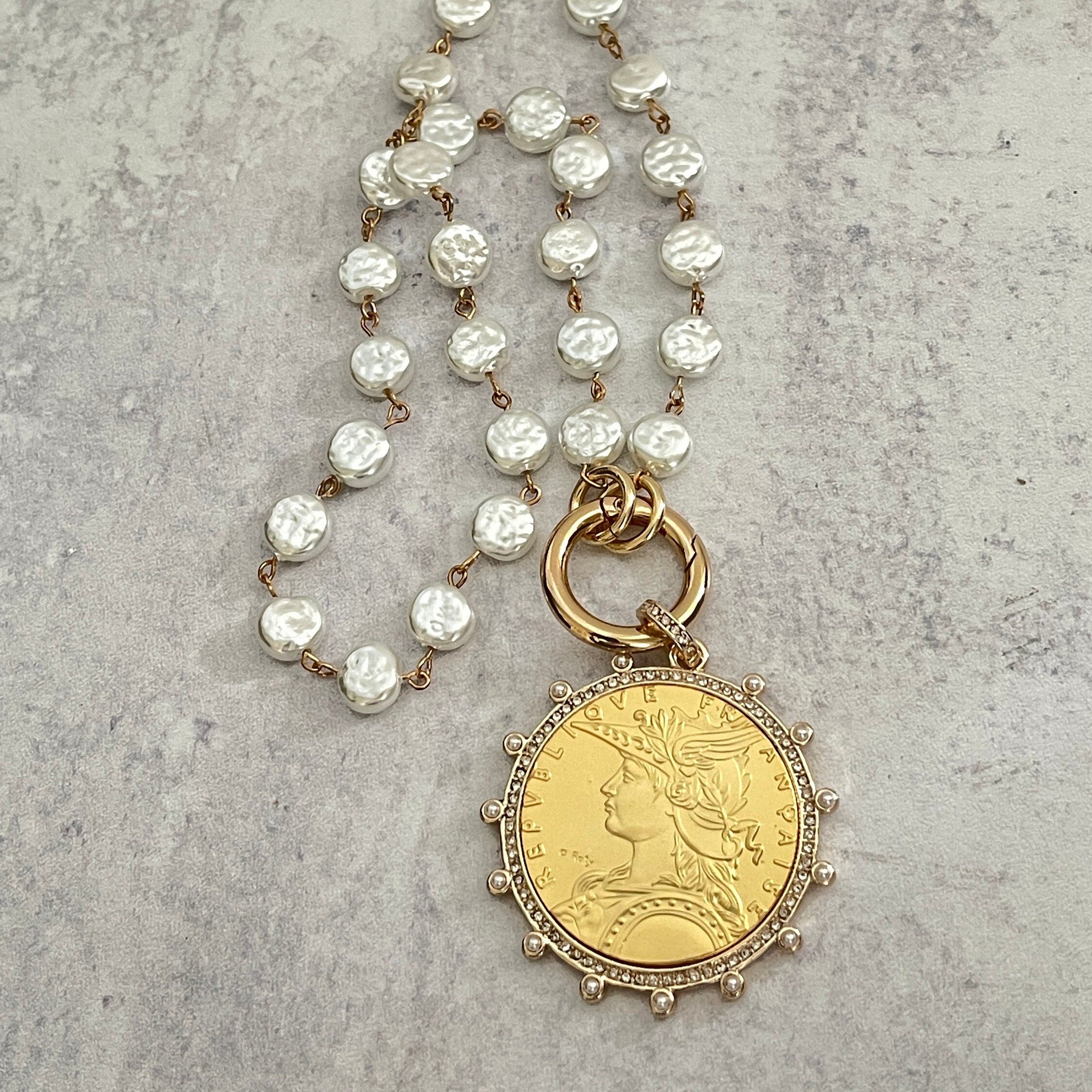 Gold Reproduction French Coin Necklace-Cubic Zirconia and Pearl Bezel