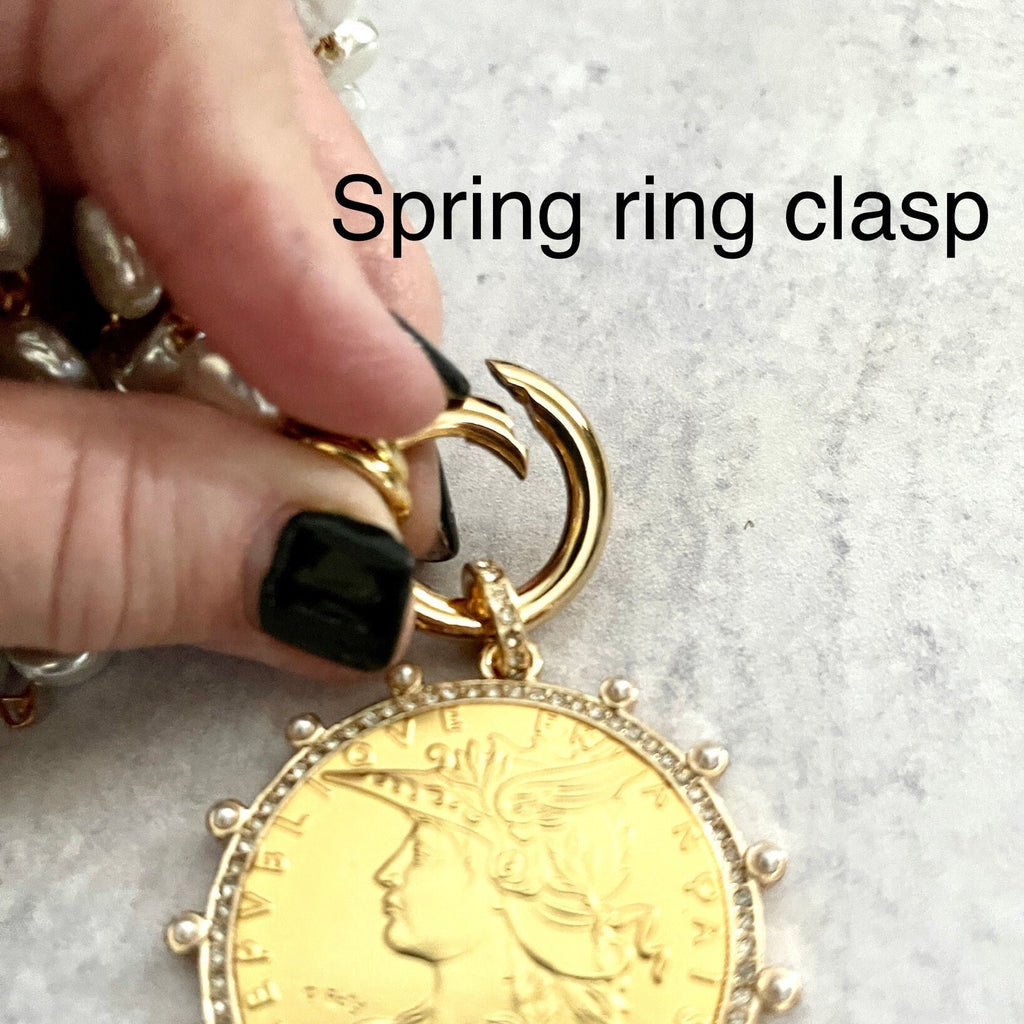 Gold Reproduction French Coin Necklace-Cubic Zirconia and Pearl Bezel