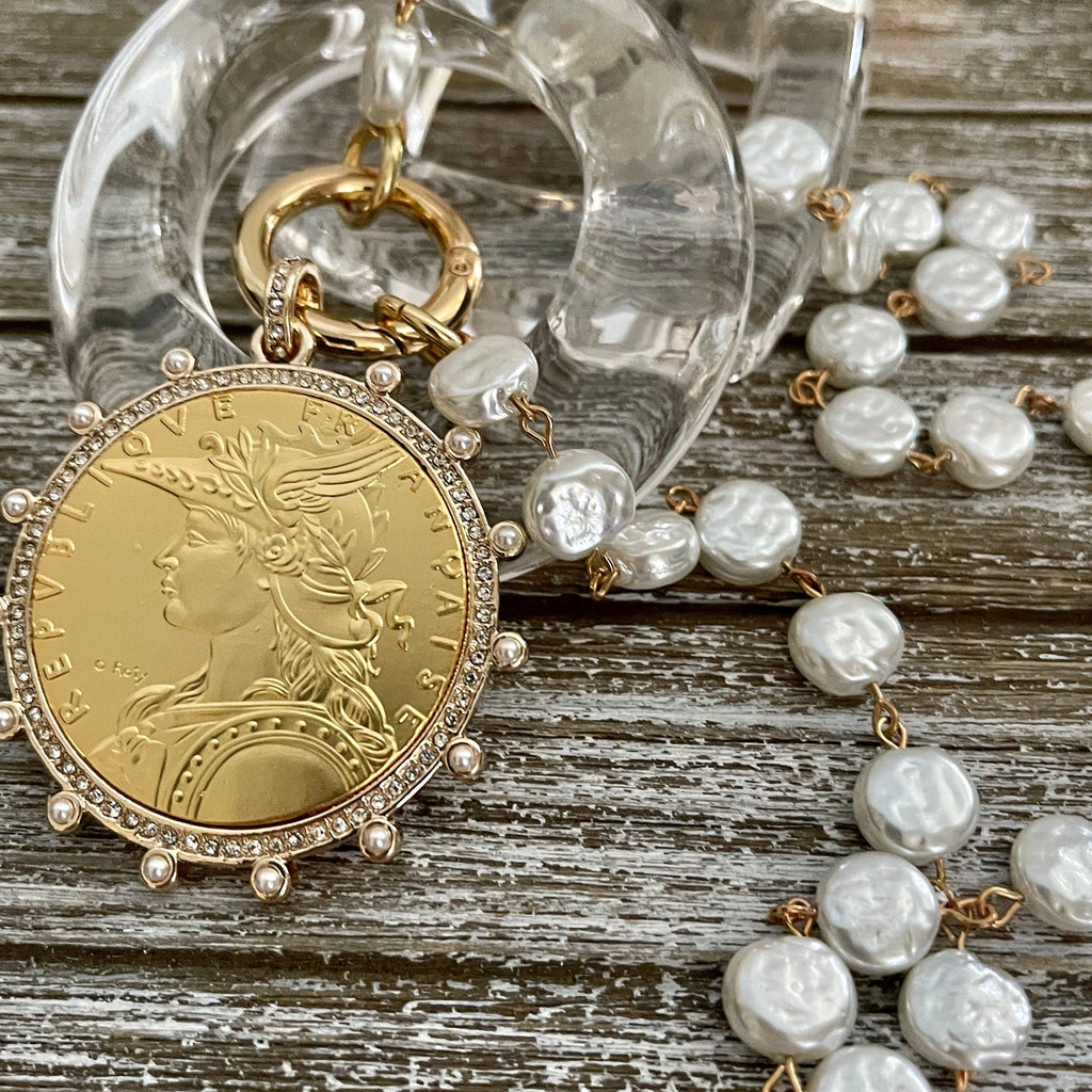 Gold Reproduction French Coin Necklace-Cubic Zirconia and Pearl Bezel