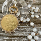 Gold French Coin Necklace: CZ, Pearl Bezel & Porcelain Chain