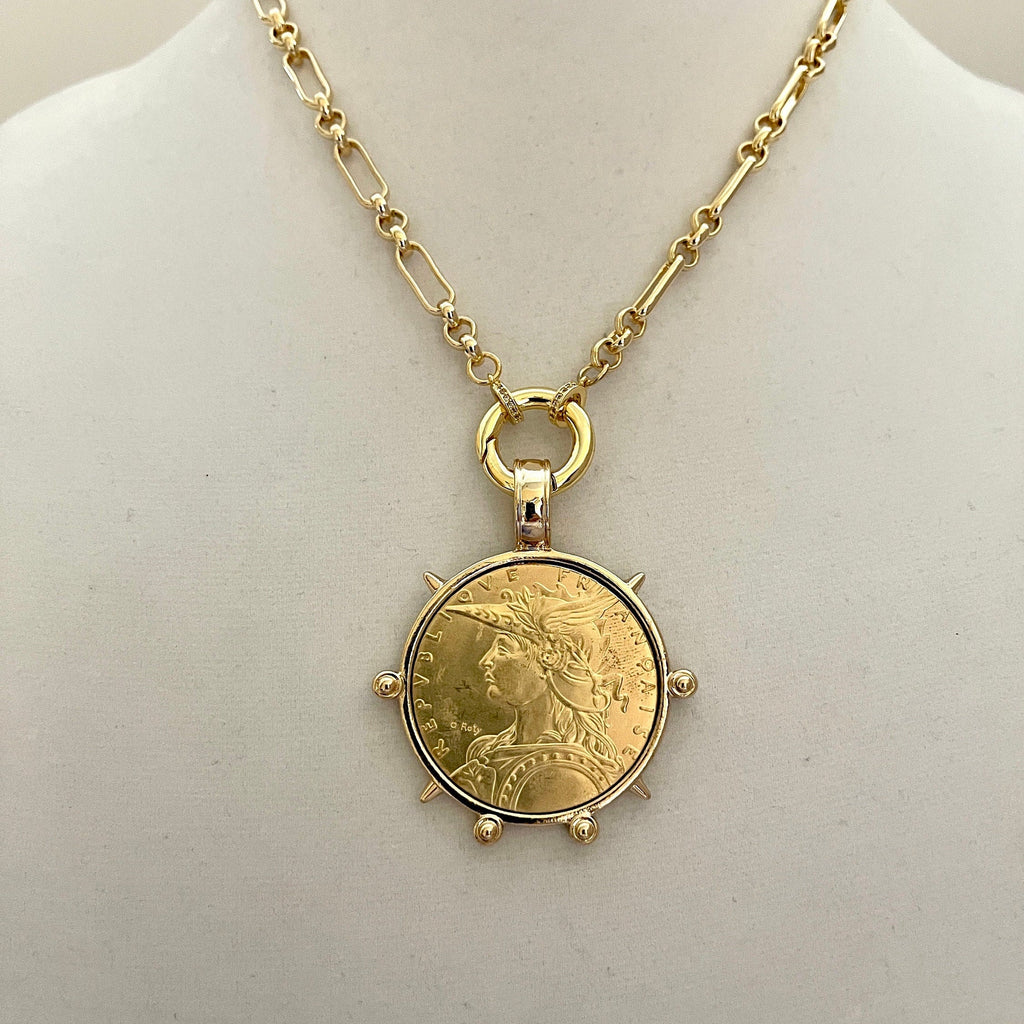 Gold French Coin Pendant Necklace, Art Deco Reproduction Jewelry