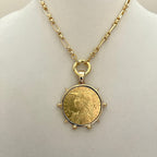 Gold French Coin Pendant Necklace, Art Deco Reproduction Jewelry