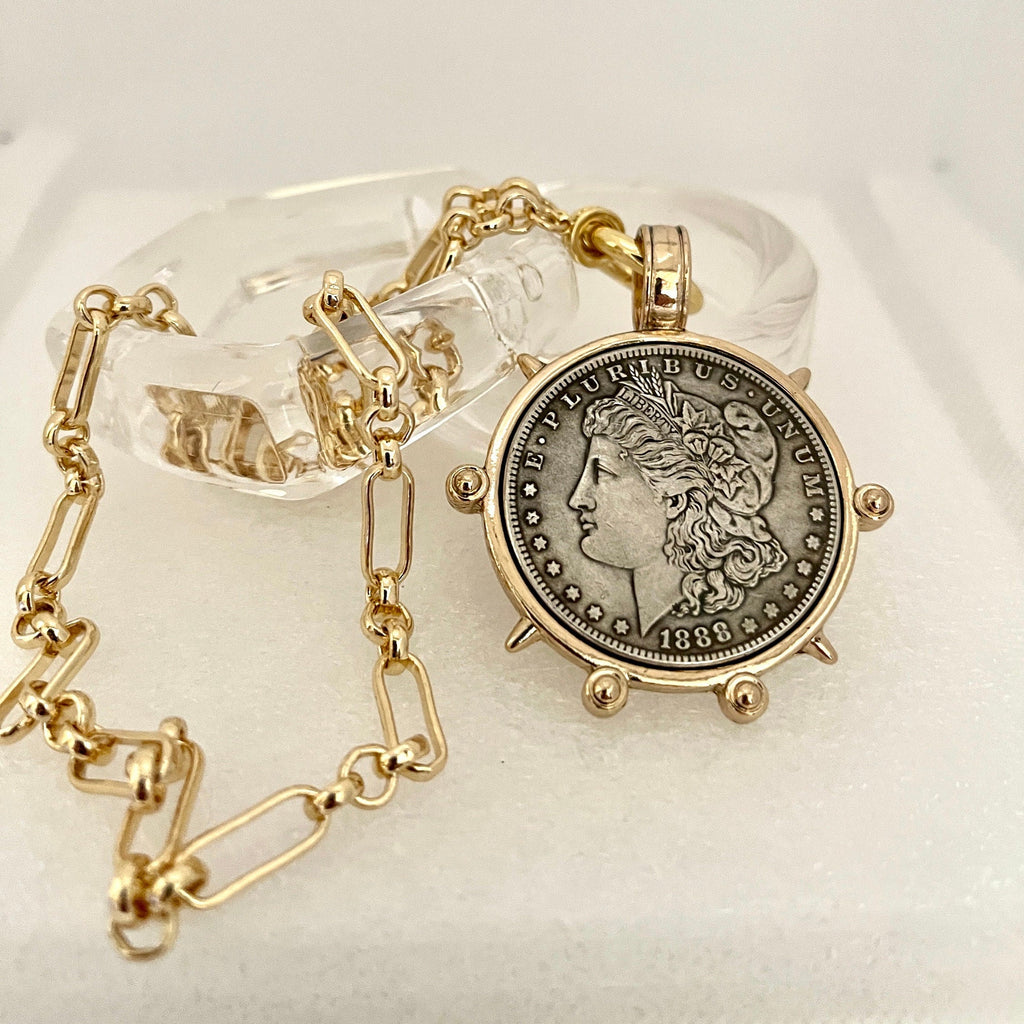Gold French Coin Pendant Necklace, Art Deco Reproduction Jewelry