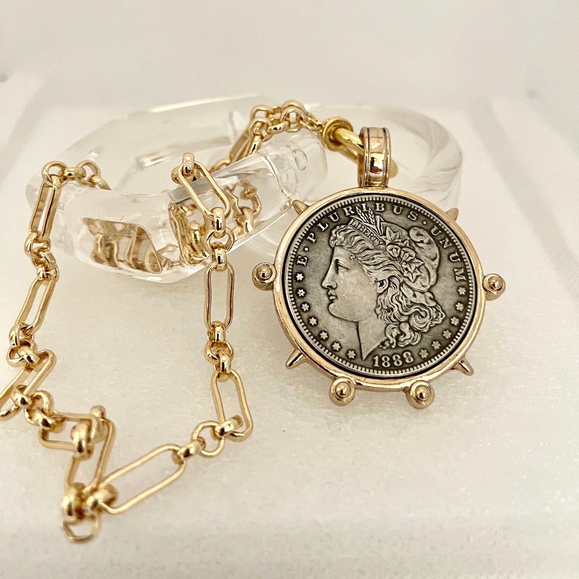Gold French Coin Pendant Necklace, Art Deco Reproduction Jewelry