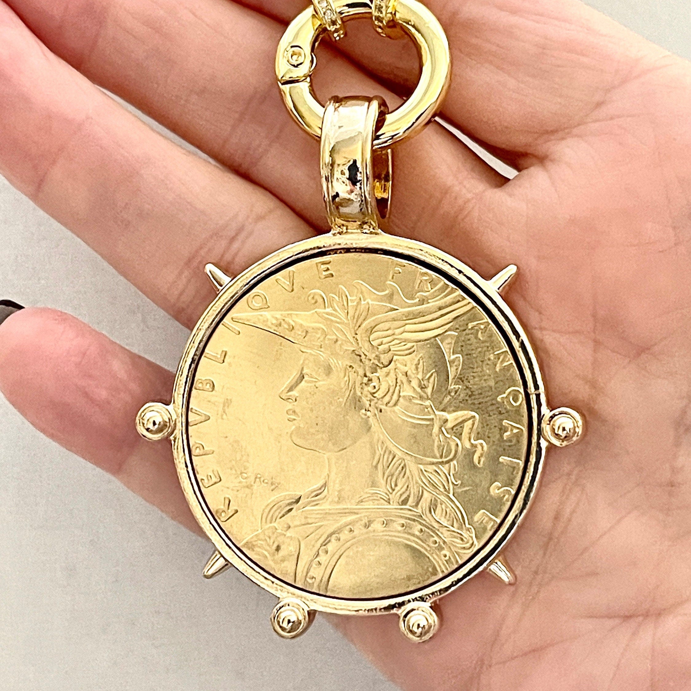 Gold French Coin Pendant Necklace, Art Deco Reproduction Jewelry