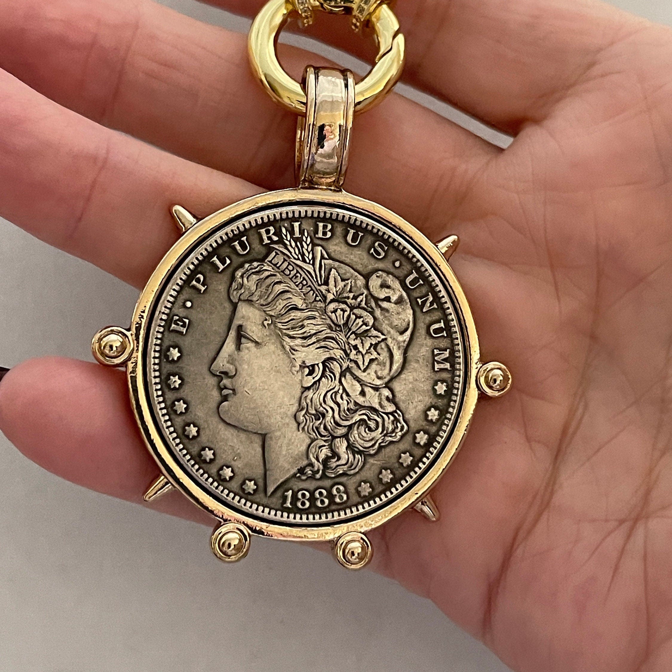 Gold French Coin Pendant Necklace, Art Deco Reproduction Jewelry