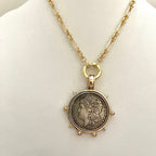 Gold French Coin Pendant Necklace, Art Deco Reproduction Jewelry