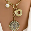 Gold Chain Charm Necklace-CZ Evil Eye Pendant -CZ Gold Disc Charm-Mother of Pearl Heart Charm-2in Extender Chain-Lobster Clasp