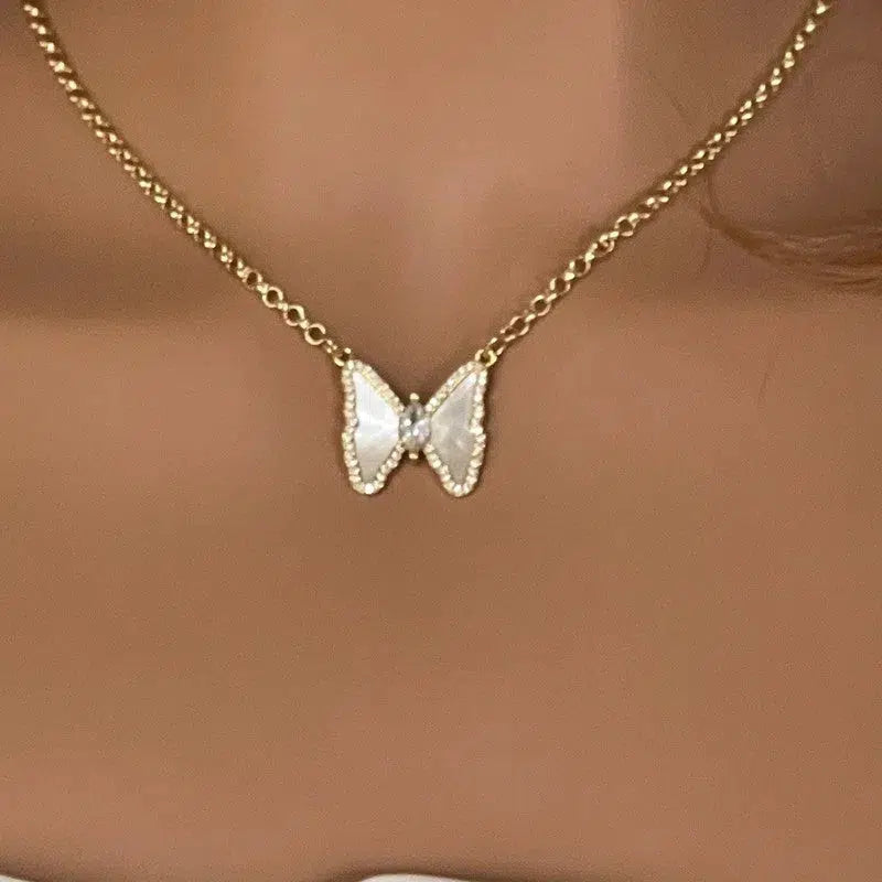 Gold Chain Butterfly Necklace-Mother of Pearl Connector Charm-CZ Charm-2in Extender Chain-Lobster Clasp