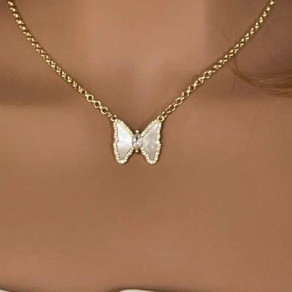 Gold Chain Butterfly Necklace-Mother of Pearl Connector Charm-CZ Charm-2in Extender Chain-Lobster Clasp