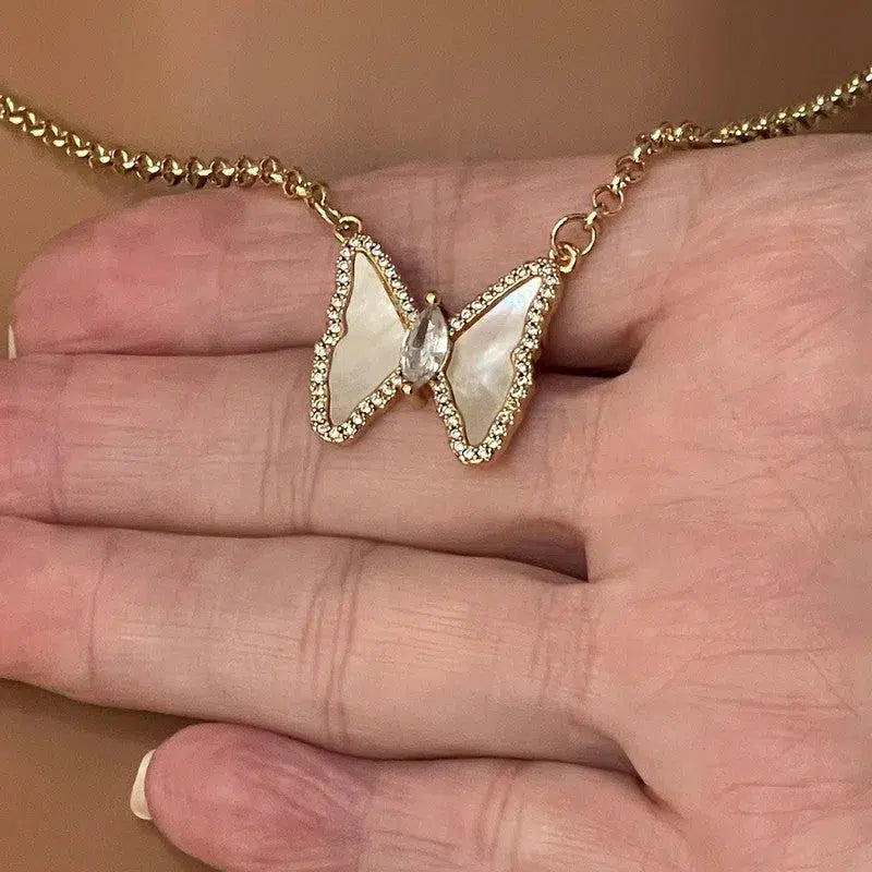 Gold Chain Butterfly Necklace-Mother of Pearl Connector Charm-CZ Charm-2in Extender Chain-Lobster Clasp