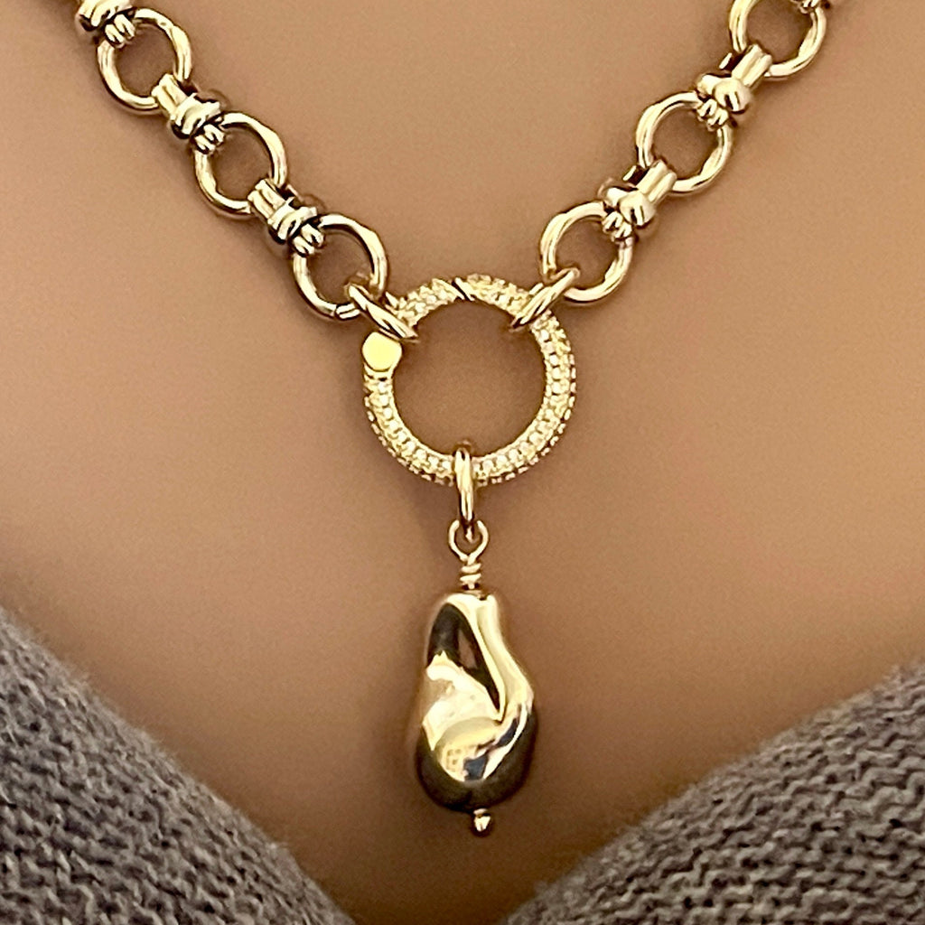 Gold Cable Chain Necklace- Hand Wired Replica Baroque Pearl Pendant-Micro Pave Spring Ring Clasp-Gift For Her