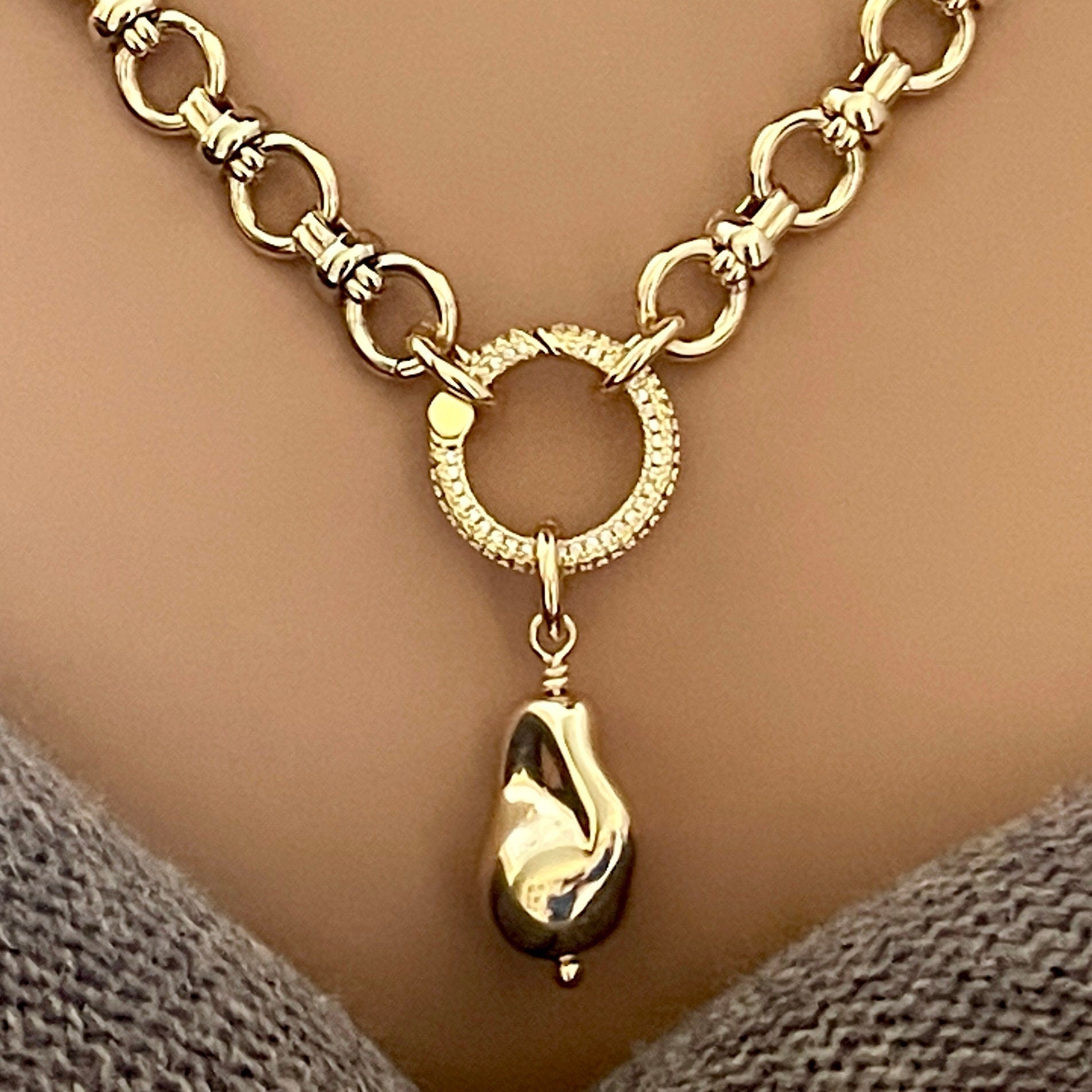 Gold Cable Chain Necklace- Hand Wired Replica Baroque Pearl Pendant-Micro Pave Spring Ring Clasp-Gift For Her