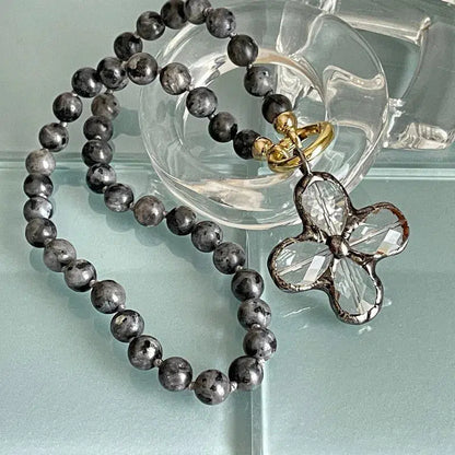 Labradorite Rondelle Necklace-Faceted Crystal Flower Pendant-Micro Pave Carabiner Spring Ring Clasp-Semi Precious Beads