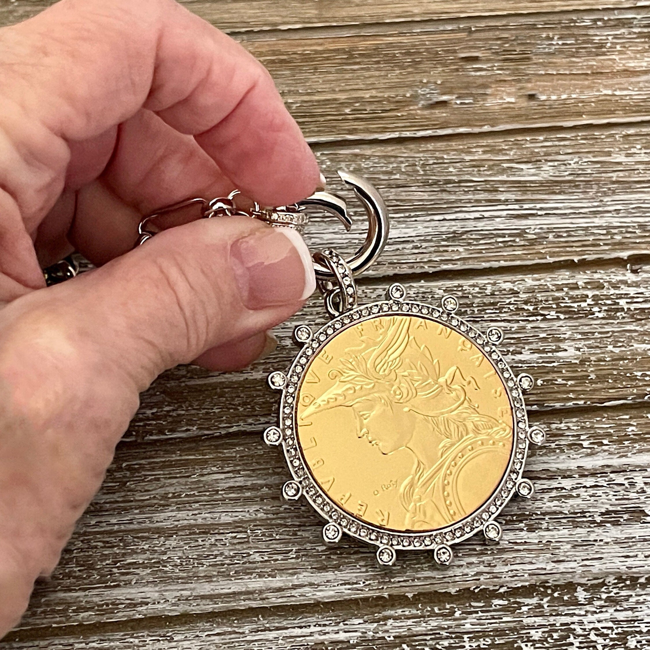Silver Chain Coin Necklace-Gold Reproduction French Madagascar Coin Pendant-Multi Link Chain-Silver Cubic Zirconia Bezel -Spring Lock Clasp