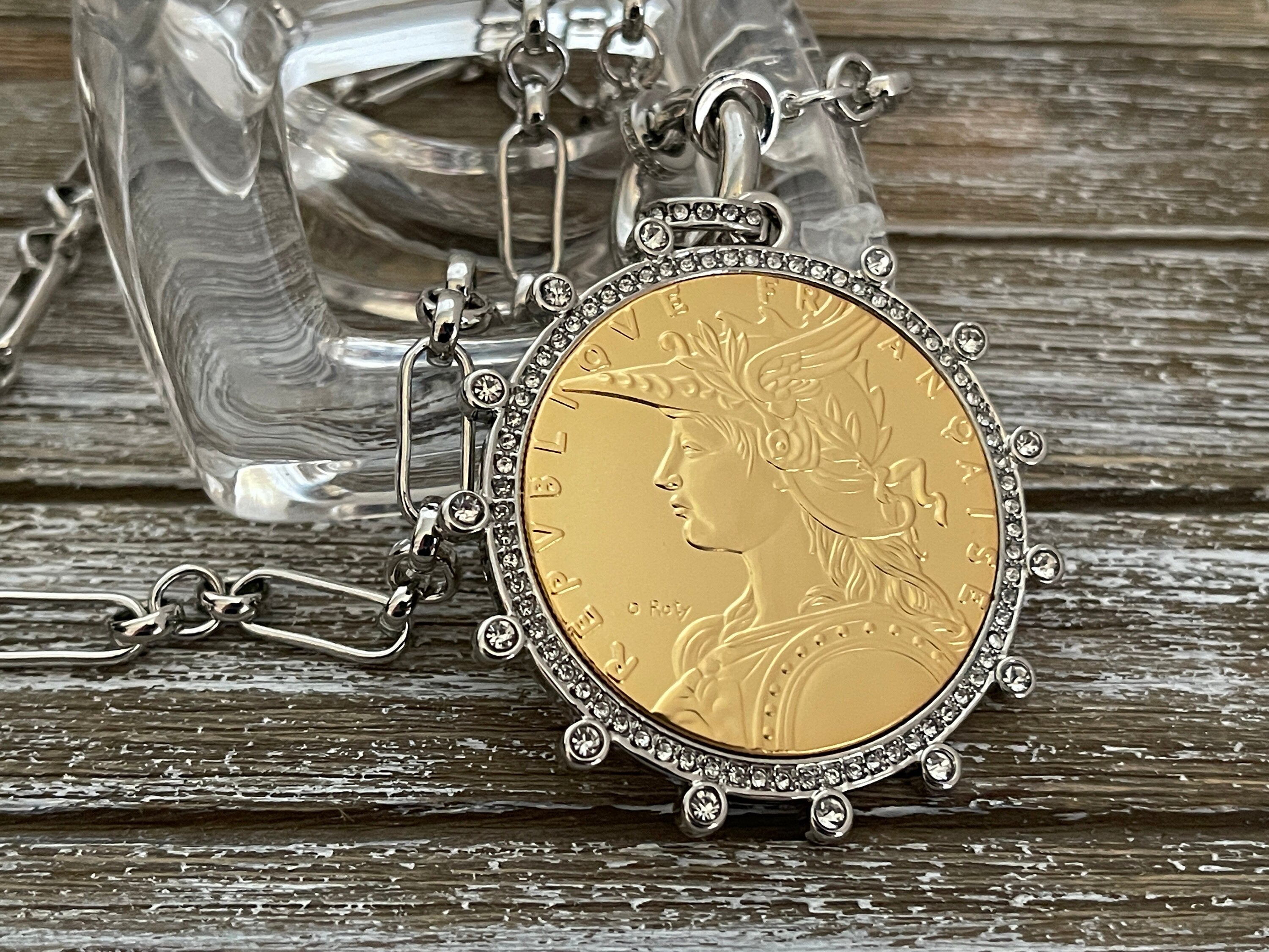 Silver Chain Coin Necklace-Gold Reproduction French Madagascar Coin Pendant-Multi Link Chain-Silver Cubic Zirconia Bezel -Spring Lock Clasp
