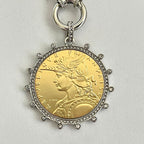 Silver Chain Coin Necklace-Gold Reproduction French Madagascar Coin Pendant-Multi Link Chain-Silver Cubic Zirconia Bezel -Spring Lock Clasp