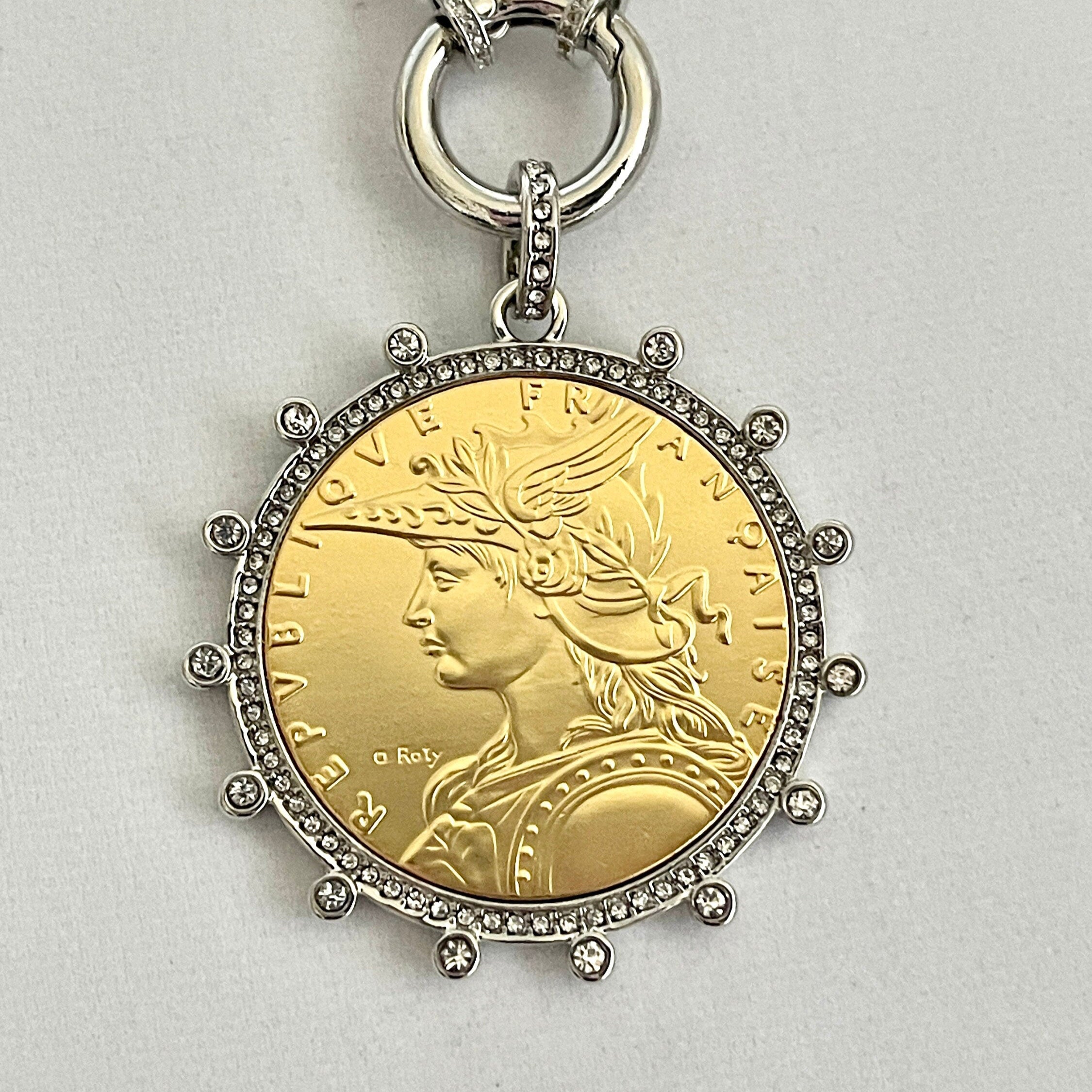 Silver Chain Coin Necklace-Gold Reproduction French Madagascar Coin Pendant-Multi Link Chain-Silver Cubic Zirconia Bezel -Spring Lock Clasp