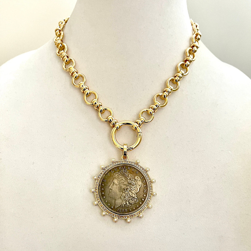 Burnished Silver Morgan Dollar Coin Necklace, Gold CZ Pearl Bezel