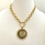 Burnished Silver Morgan Dollar Coin Necklace, Gold CZ Pearl Bezel