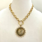 Burnished Silver Morgan Dollar Coin Necklace, Gold CZ Pearl Bezel
