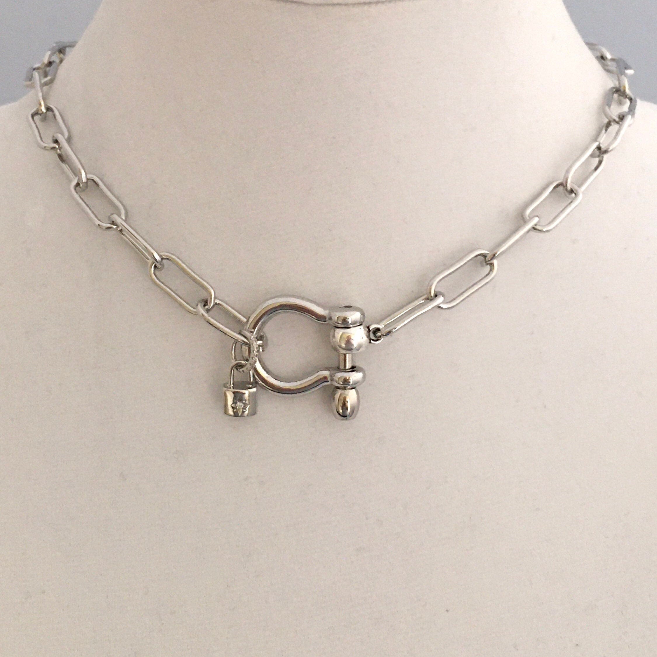 Silver Paperclip Chain Necklace with Shackle Clasp & Padlock
