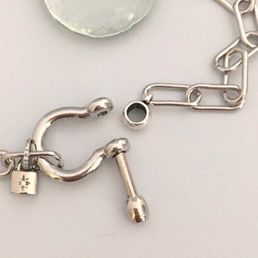 Silver Paperclip Chain Necklace with Shackle Clasp & Padlock