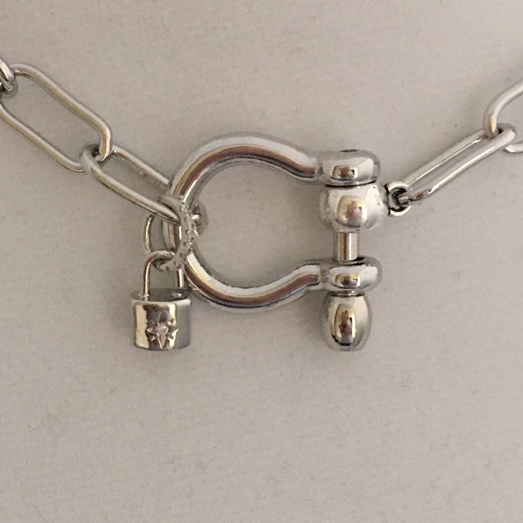 Silver Paperclip Chain Necklace with Shackle Clasp & Padlock