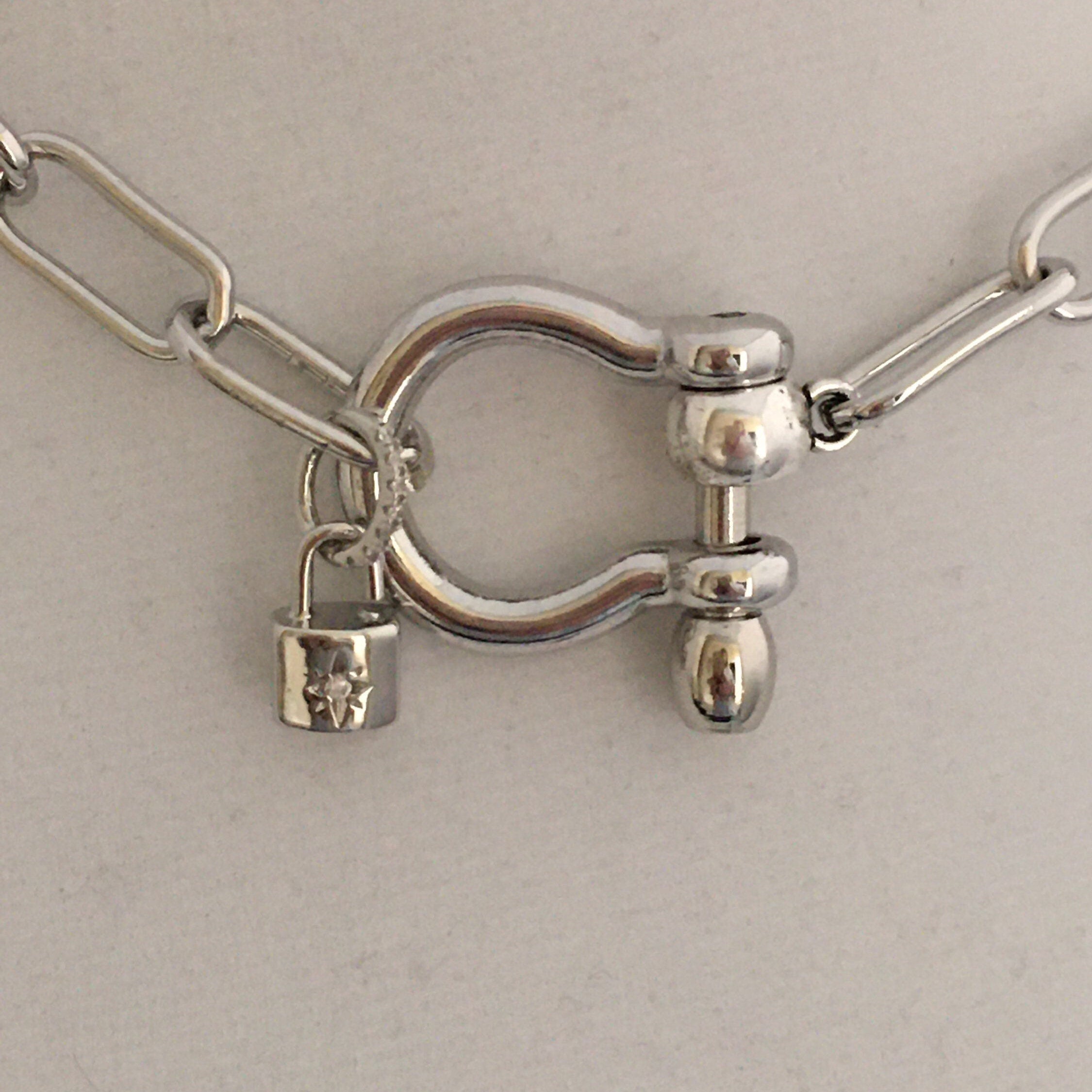 Silver Paperclip Chain Necklace with Shackle Clasp & Padlock