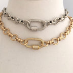 Pave Carabiner Necklace, Satin Silver, Worn Gold, Brass Cable Chain, Screw Lock Clasp