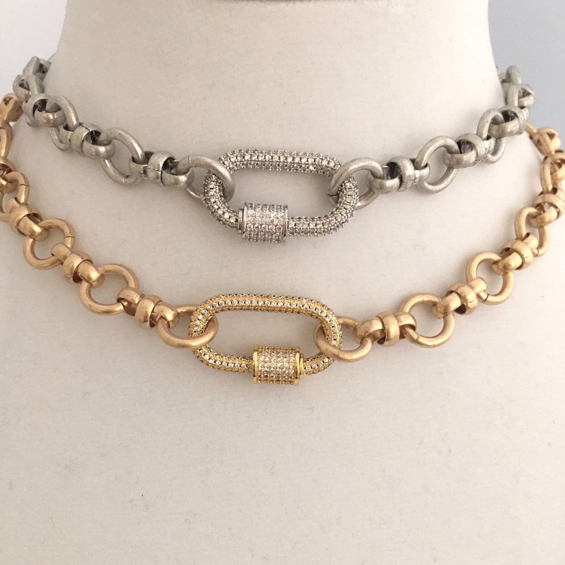 Pave Carabiner Necklace, Satin Silver, Worn Gold, Brass Cable Chain, Screw Lock Clasp