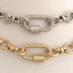 Pave Carabiner Necklace, Satin Silver, Worn Gold, Brass Cable Chain, Screw Lock Clasp