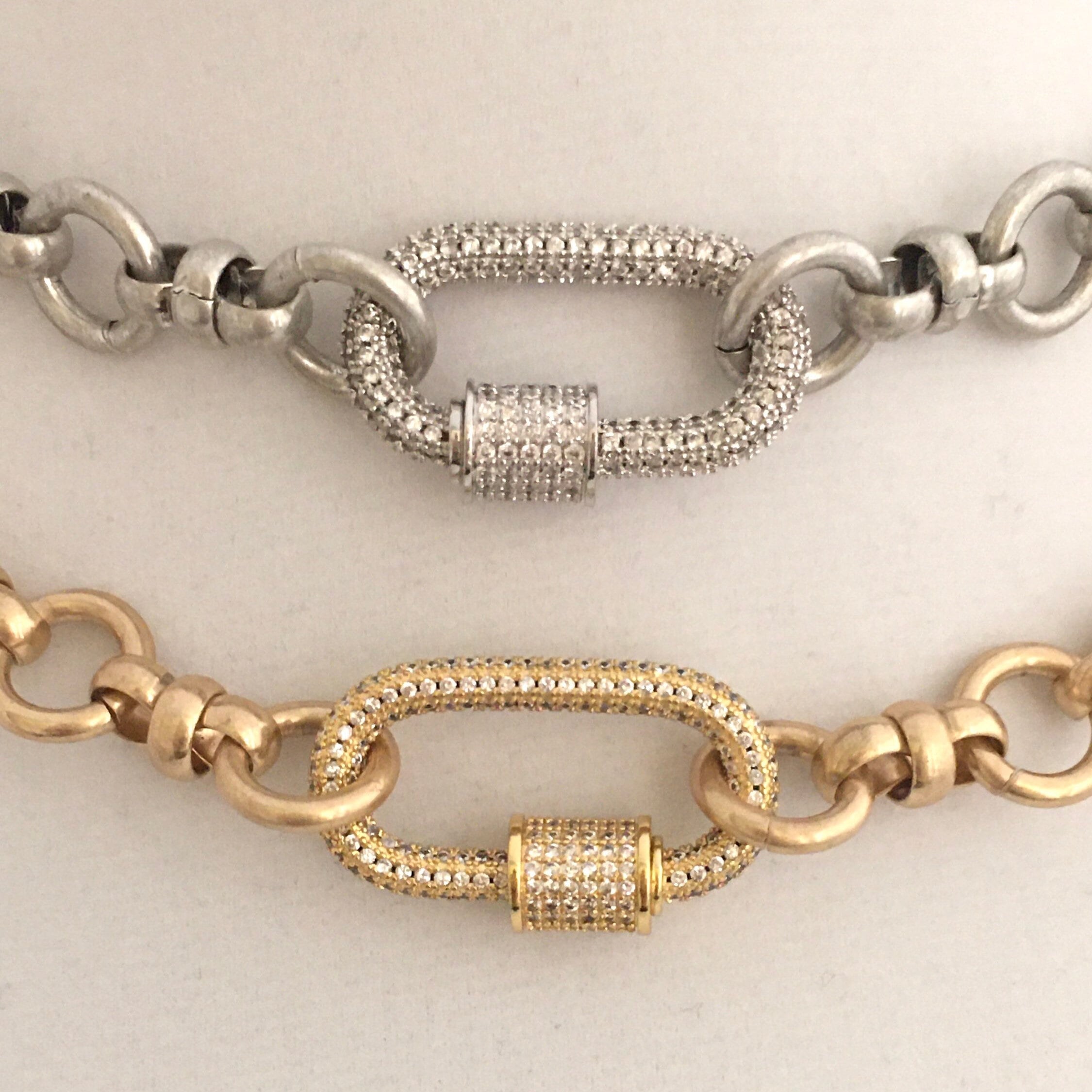Pave Carabiner Necklace, Satin Silver, Worn Gold, Brass Cable Chain, Screw Lock Clasp
