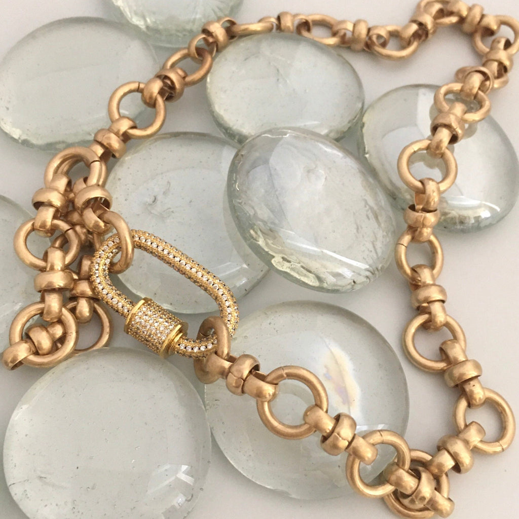 Pave Carabiner Necklace, Satin Silver, Worn Gold, Brass Cable Chain, Screw Lock Clasp