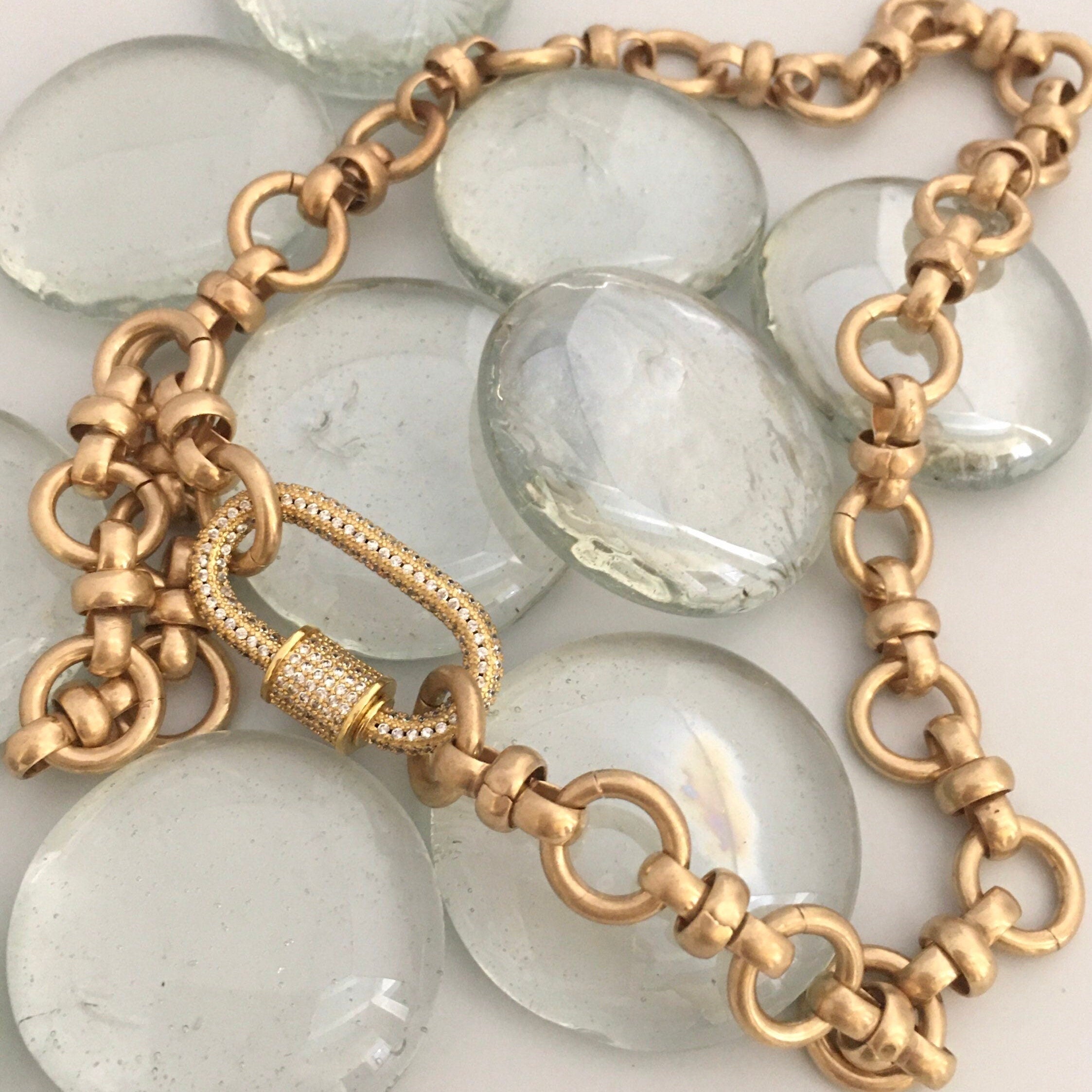 Pave Carabiner Necklace, Satin Silver, Worn Gold, Brass Cable Chain, Screw Lock Clasp