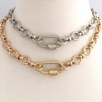 Pave Carabiner Necklace, Satin Silver, Worn Gold, Brass Cable Chain, Screw Lock Clasp