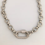 Pave Carabiner Necklace, Satin Silver, Worn Gold, Brass Cable Chain, Screw Lock Clasp