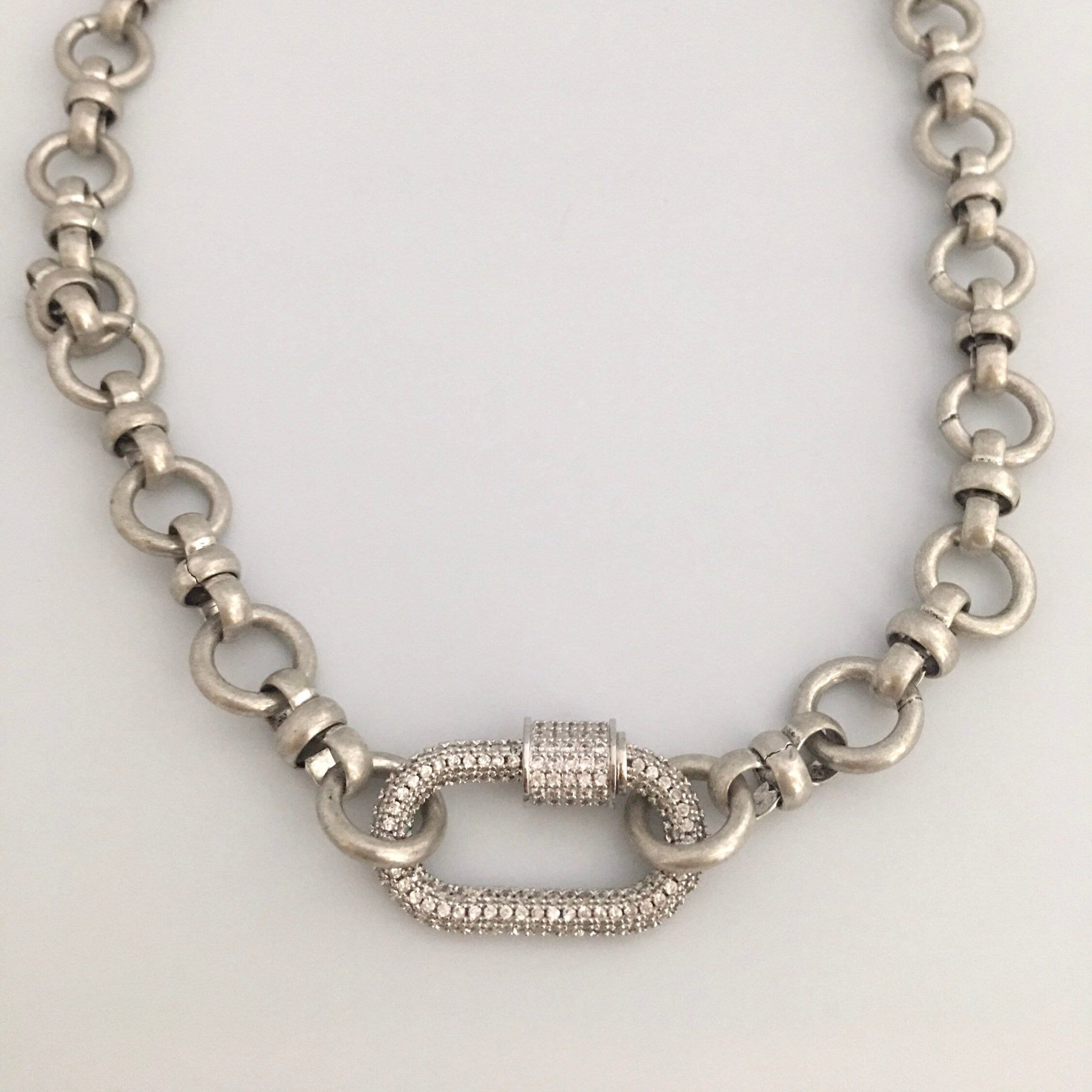 Pave Carabiner Necklace, Satin Silver, Worn Gold, Brass Cable Chain, Screw Lock Clasp