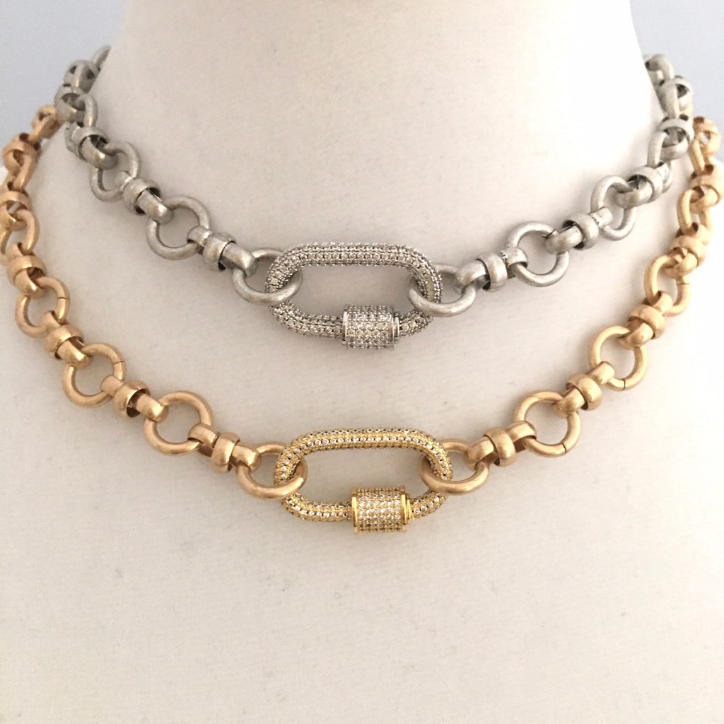 Pave Carabiner Necklace, Satin Silver, Worn Gold, Brass Cable Chain, Screw Lock Clasp