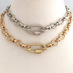 Pave Carabiner Necklace, Satin Silver, Worn Gold, Brass Cable Chain, Screw Lock Clasp