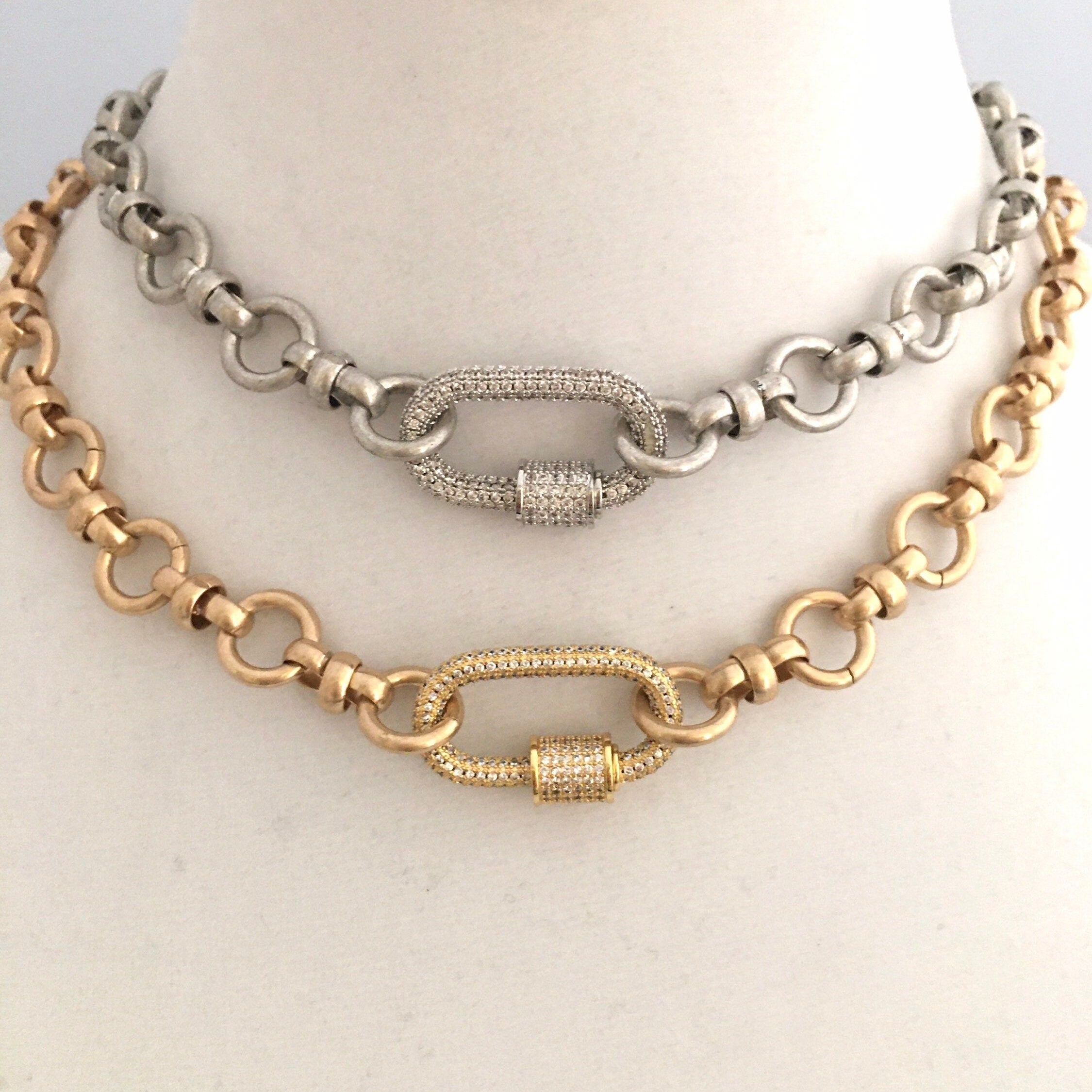 Pave Carabiner Necklace, Satin Silver, Worn Gold, Brass Cable Chain, Screw Lock Clasp
