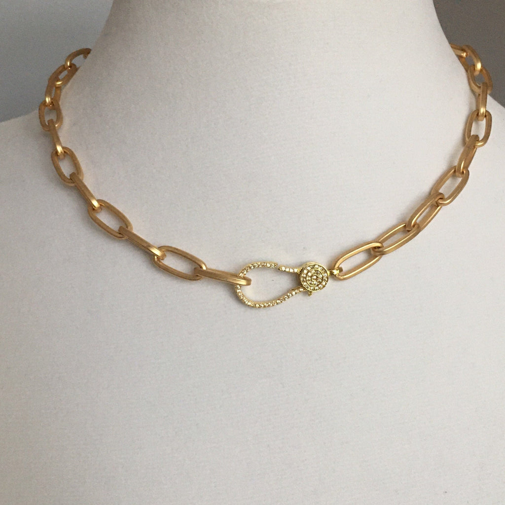 Matte Gold Paperclip Chain Choker Necklace, Pavé Lobster Clasp