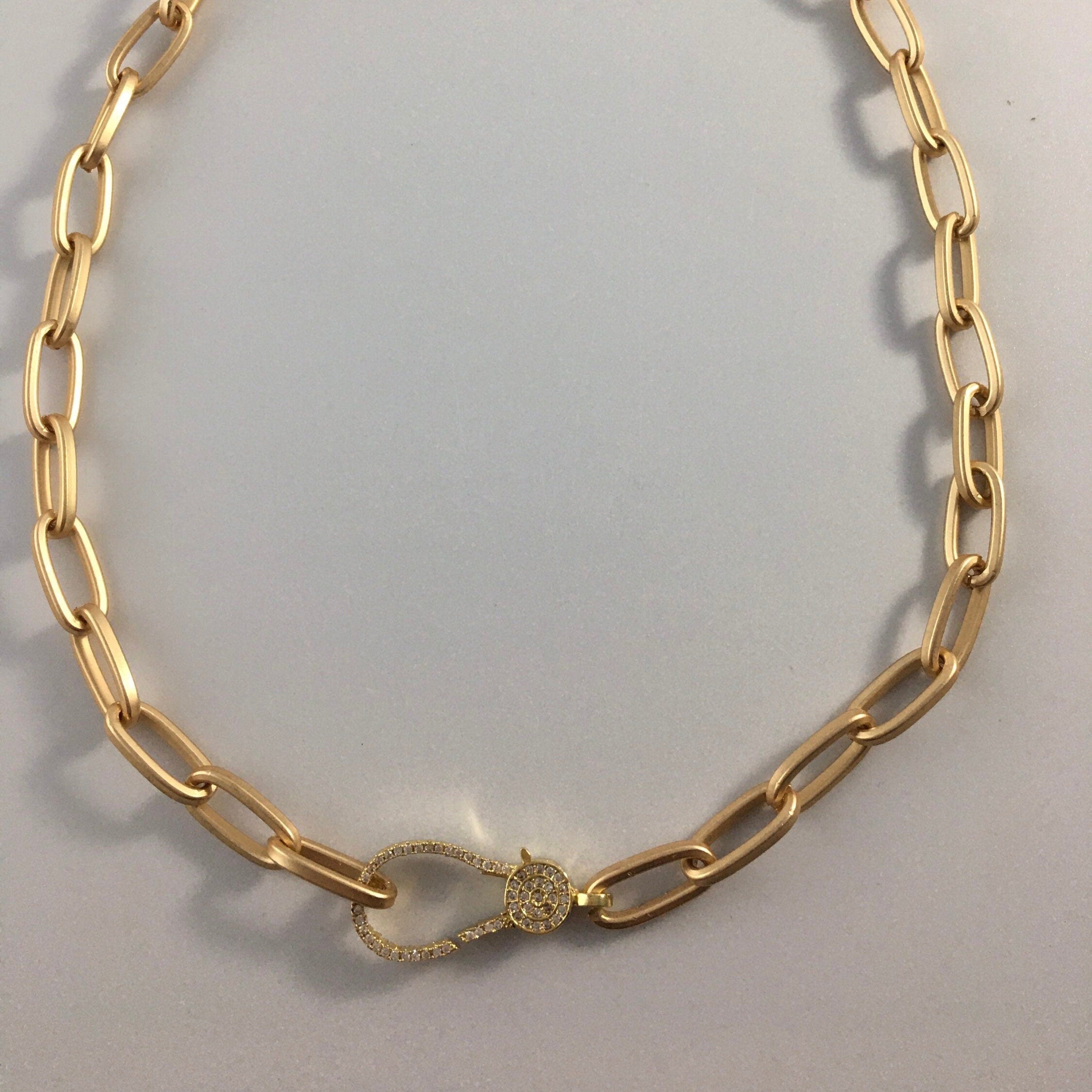 Matte Gold Paperclip Chain Choker Necklace, Pavé Lobster Clasp