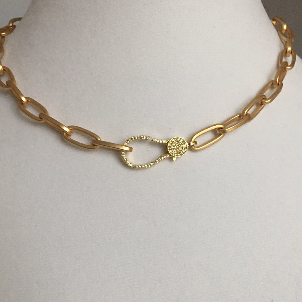 Matte Gold Paperclip Chain Choker Necklace, Pavé Lobster Clasp