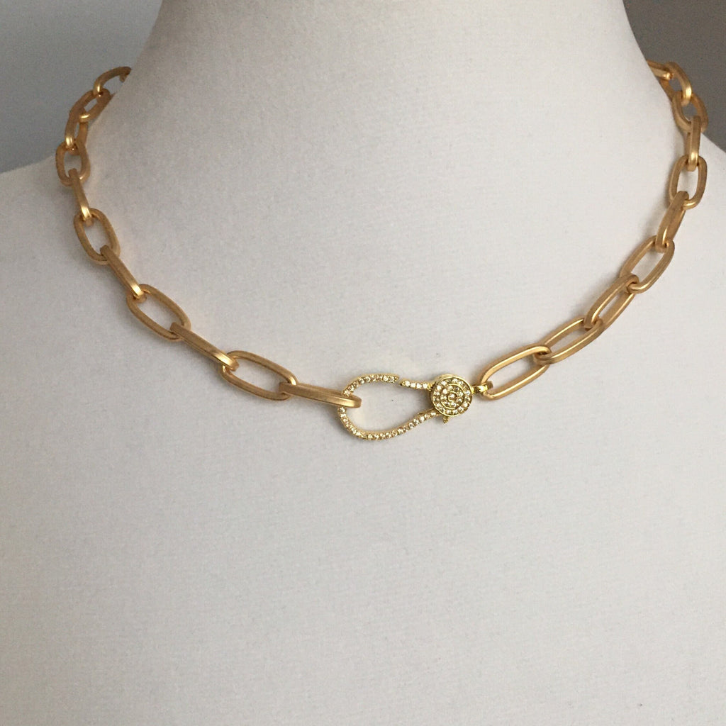 Matte Gold Paperclip Chain Choker Necklace, Pavé Lobster Clasp