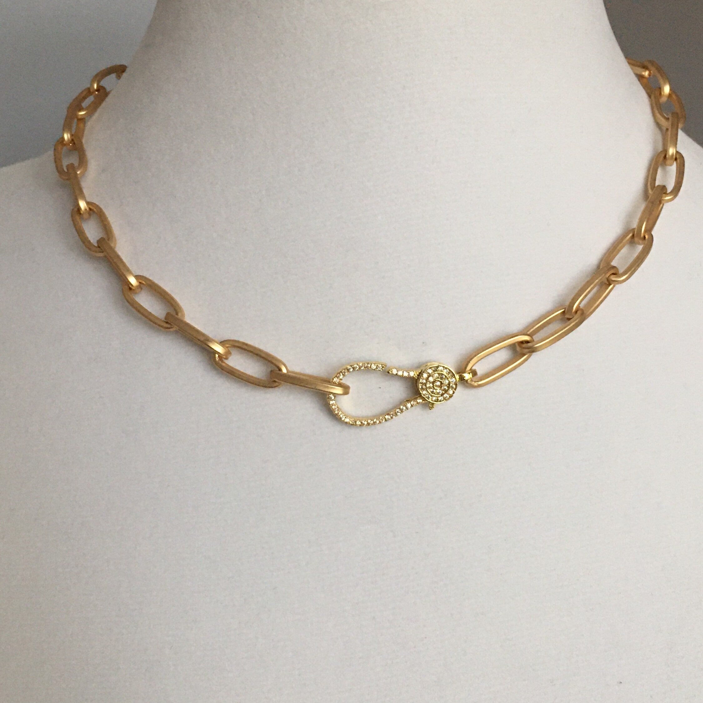 Matte Gold Paperclip Chain Choker Necklace, Pavé Lobster Clasp