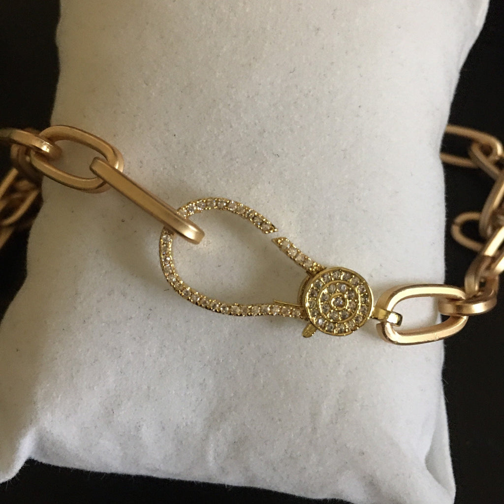 Matte Gold Paperclip Chain Choker Necklace, Pavé Lobster Clasp